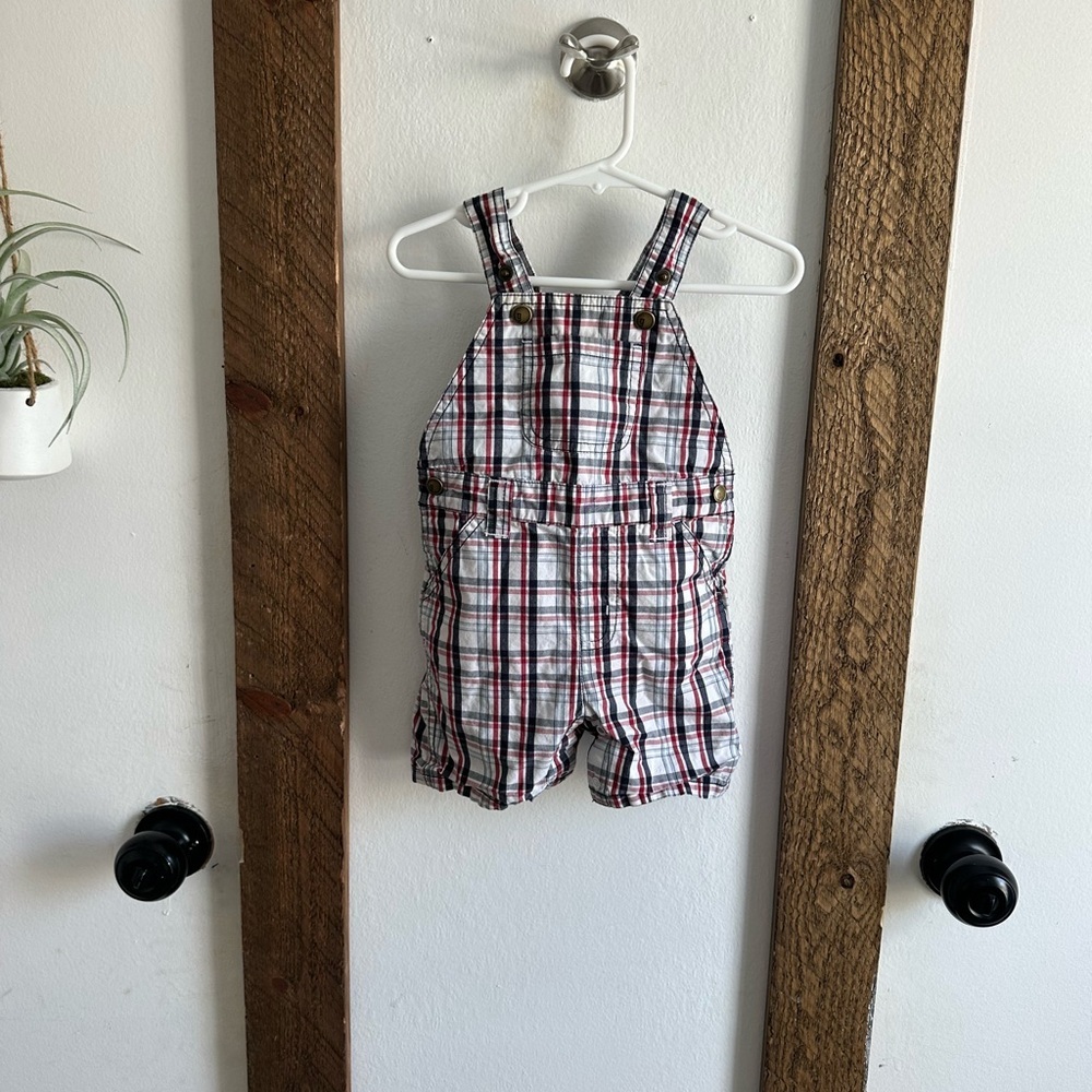 Y2K Gymboree Baby Boy Plaid Red White Blue Overalls Shortalls 6-12 M 100% Cotton - Picture 7 of 14